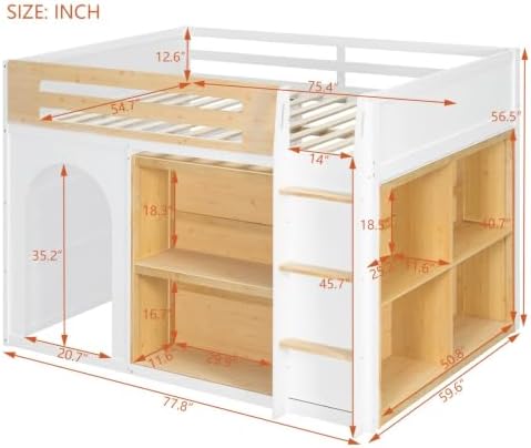 LUMISOL Full Size Loft Bed with Storage and Bookshelf, Playhouse Wooden High Sleeper Bed with Guardrails and Ladder, Space Saving Loft Bed for Kids Boys and Girls, White