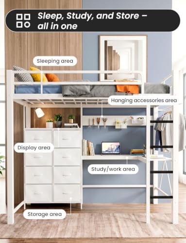 Twin Size Metal Loft Bed with L-Shaped Desk and 8 Storage Drawers,White