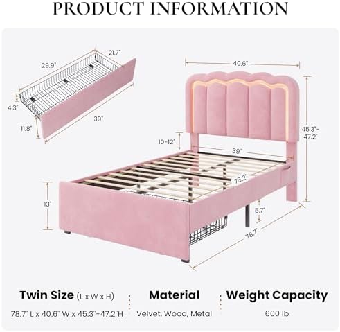 SHA CERLIN Twin Size Bed Frame with LED Lights and Storage Drawer, Pink