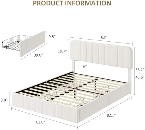 Garvee Queen Size Velvet Bed Frame with 4 Drawers, Adjustable Headboard
