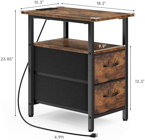 Vagusicc End Table with Charging Station Set of 2, Narrow Side Table, 23.8'' Tall Nightstand with 2 Drawers, Small Sofa Side Table Narrow Nightstand for Small Spaces Furniture, Bedroom, Rustic Brown