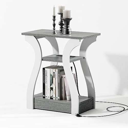 FROMJBEST End Tables Living Room, Grey End Table with Charging Station