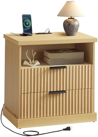 VASAGLE Nightstand with Charging Station, 2 Drawers, Open Shelf