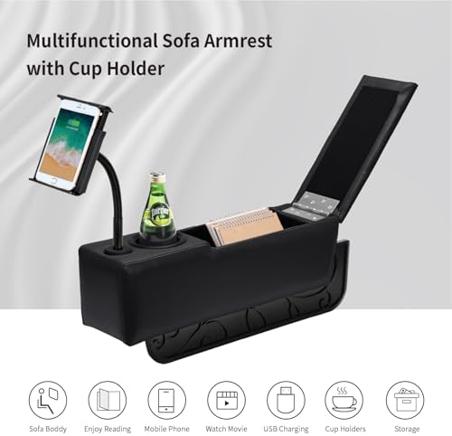 Sofa Armrest with Cup Holder, PU Leather Multifunctional Couch Arm Rest Insert, Removable Couch Caddy with Storage, Equipped with LED Reading Light & Wireless Charge Stand