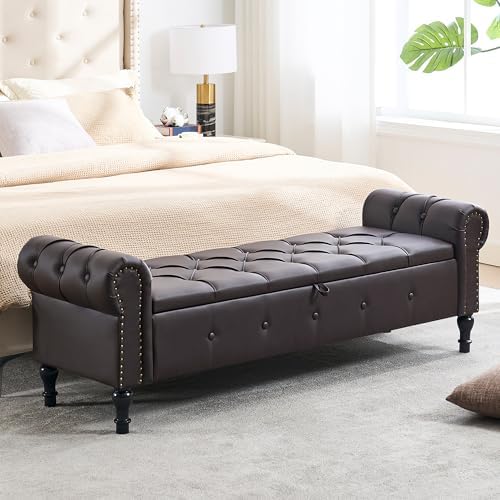 Storage Bench 67" Faux Leather End of Bed Benches Dark Brown