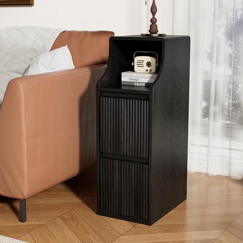 Black Fluted Small Nightstand Set of 2, Mid Century Modern Bedside Table with 2 Drawers, Wooden Skinny Vintage Side Table, Narrow Night Stand, Slim End Table, for Bedroom, Living Room
