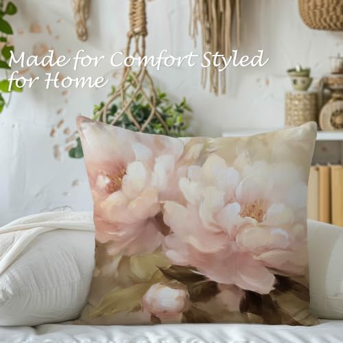 Vintage Pink Peony Floral Pillow Cover 18x18, Rustic Farmhouse Cottage Core Botanical Flower Decorative Lumbar Pillow Cover for Couch Bed Living Room Bedroom