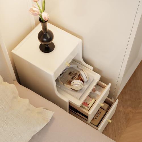 AQIMUELE Solid Wood Narrow Nightstand with 3 Drawers,Creamy White 11.8"