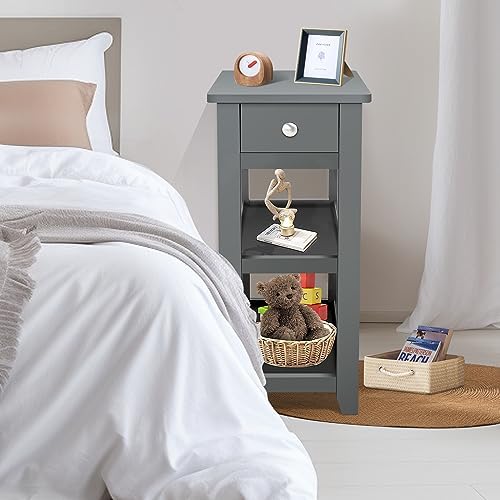 SEJOV Narrow Side Table, Small Grey End Table with Drawer and 2 Shelves
