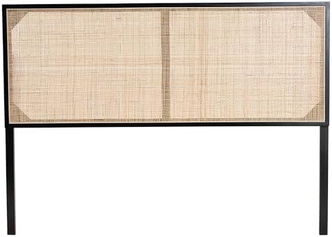 Bali & pari Aurelia Modern Bohemian Black Finished Bayur Wood and Natural Rattan Queen Size Headboard
