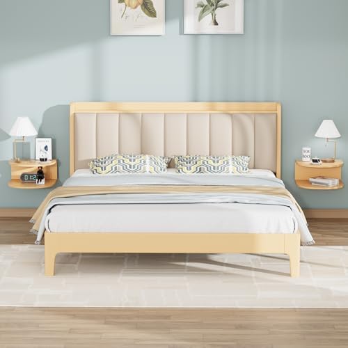 Bamboo Floating Nightstand with Storage Drawer and Modern Open Shelf Cubby，Bedroom, Living Room, Kitchen, Tool Room for use. (2 Pcs Natural, Trumpet)