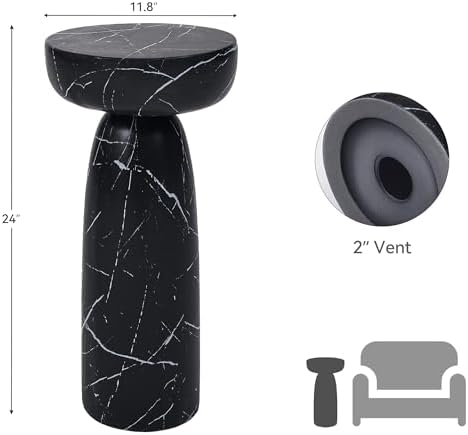Faux Marble Side Table Black, 24Inch Outdoor End Table