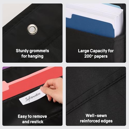 SUNEE 30 Pockets Hanging Wall File Organizer, Black Storage Pocket Chart for File Folder and Paper, Space Saver for Office and Classroom, with Wall Hangers, Over The Door Hooks, Labels