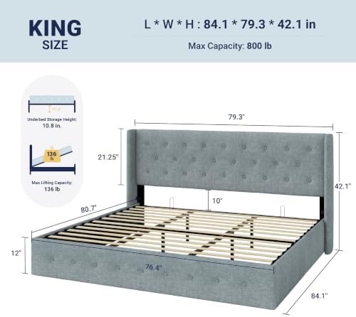 Allewie King Size Lift Up Storage Button-Tufted Bed Frame Blue Grey