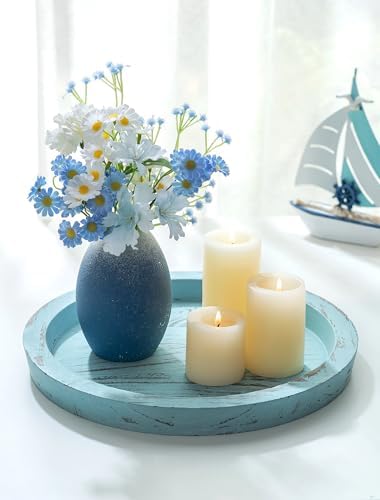 Hanobe Round Wood Candle Holder Tray, Ocean Blue Coastal Coffee Table Decor