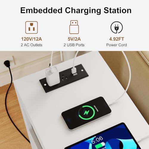 Narrow End Table with Charging Station and Wheels, Movable Narrow End Table with USB Ports and Outlets for Small Space, Living Room, Bedroom and Office, with 4 Wheels (White)