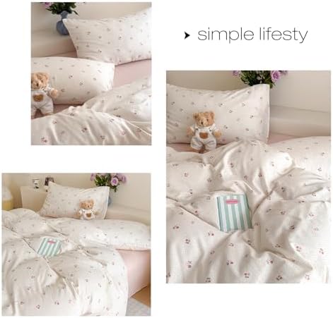 AOJIM Girls Cherry Duvet Cover Set Queen Exquisite Floral Print Bedding Set 3 Pieces (1 Comforter Cover+2 Pillowcases), Soft Breathable 100% Cotton Double Gauze Bedding Duvet Cover for Kids & Adults