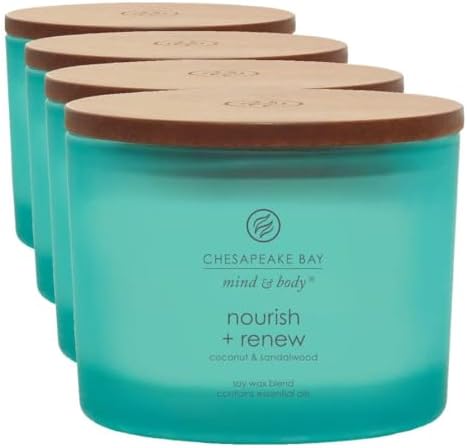 Chesapeake Bay Candle Mind & Body 3-Wick Coffee Table Jar Candle Nourish + Renew (Coconut & Sandalwood), 11oz (Pack of 4)