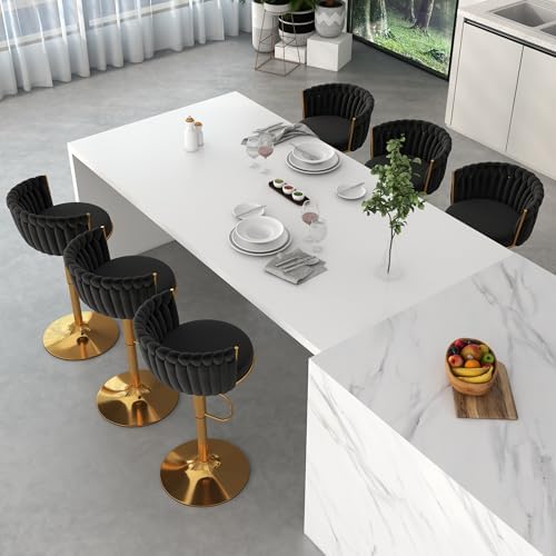 Gold Bar Stools Set of 6, Modern Adjustable Bar Height Barstools, Velvet Swivel Bar Chairs with Woven Backrest, Metal Footrest & Base, Upholstered Counter Stools for Kitchen Island, Black