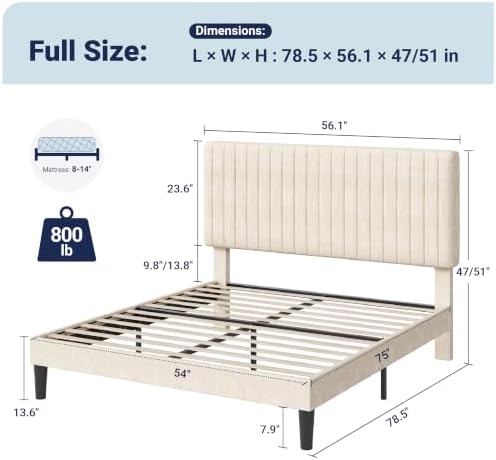 Allewie Full Bed Frame, Upholstered Platform Bed with Adjustable Vertical Channel Tufted Headboard, Mattress Foundation with Strong Wooden Slats, Box Spring Optional, Easy Assembly, Cream White