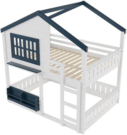 Full Over Full Size House Bunk Bed with Storage Bookshelf, White