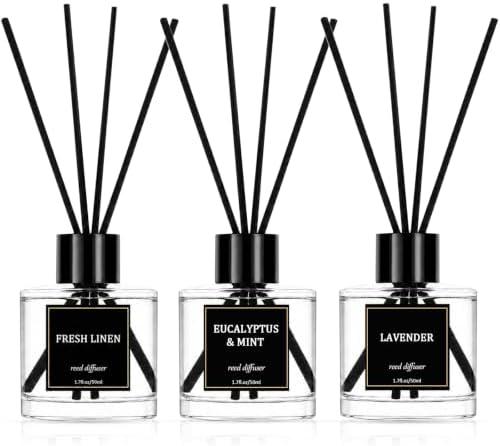 Reed Diffuser Set of 3 Pack,Fresh Linen,Eucalyptus & Mint,Lavender Scented Oil Diffuser with 12 Sticks, Fragrance Reed Diffuser for Home Living Room Bathroom Air Freshener 50mlx3