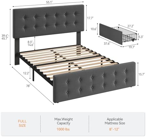 IDEALHOUSE Full Bed Frame with 4 Storage Drawers and Headboard, Dark Grey