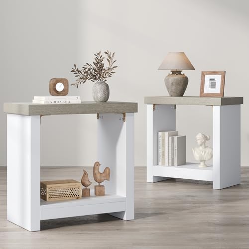 End Tables Set of 2 for Living Room, Narrow Side Tables with Storage Shelves, Square End Table for Bedroom, Slim Nightstand, Skinny Rectangle Accent Table, Farmhouse Bedside Table, White + Gray