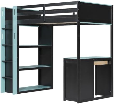 LUMISOL Twin Gaming Loft Bed with Desk and Storage Shelves, Solid Wood Loft Bed with Drawers and Computer Desk for Teens, Space Saving High Loft Bed Frame for Kids Bedroom Blue
