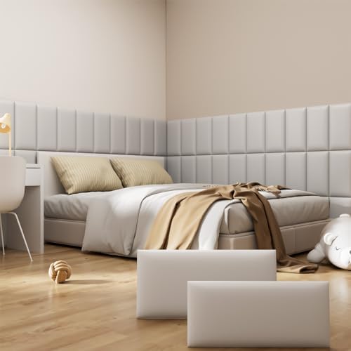 Peel and Stick Headboard Grey Upholstered Wall Panels, 12 Panels Sized 7.8" x 15.7", 3D Anti-Collision Soundproof Self-Adhesive Wall Panel for Bedroom