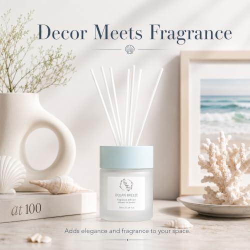 Reed Diffuser for Bathroom,Ocean Breeze Home Fragrance for Women, 3.38 Fl Oz, Coastal Beach Scent Diffuser for Bedroom, Spa Aromatherapy, Home Decor, Non-Toxic Long Lasting & Gift Ready
