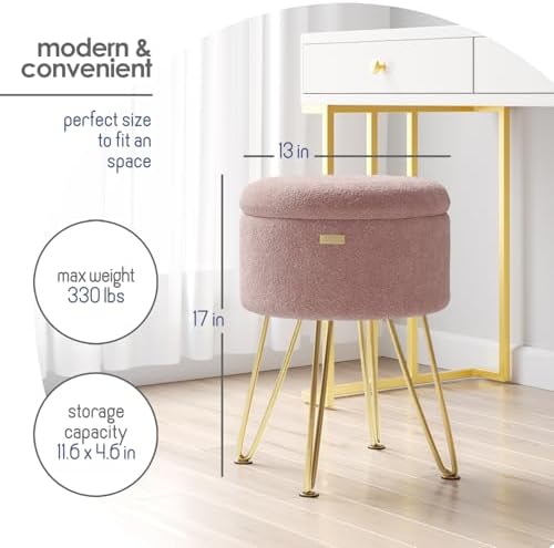 Round Ottoman with Storage, Boucle Storage Ottoman, Foot Stool Ottomans, Makeup Vanity Stool, Small Ottomans Foot Rest, Modern Vanity Stools for Living Room and Bedroom, Pink