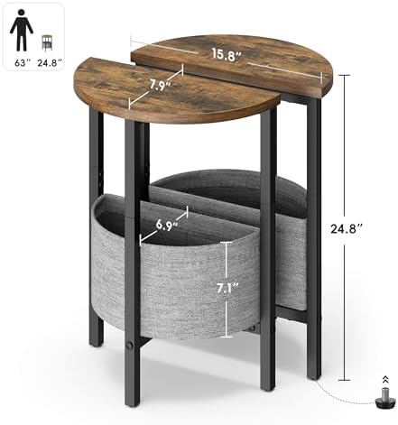 Vagusicc Small Round Side Table, Accent End Table with Storage Basket, Set of 2 Half Round Coffee Table End Table, Half Moon Bedside Table, Modern Nightstand Couch Table for Living Room Bedroom, Brown
