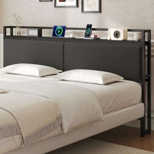YATINEY King Headboard Only with Storage, Upholstered Head Board with Charging Station, Height Adjustable, Sturdy and Stable, Vintage Style, Black