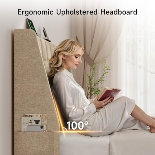 ONBRILL Ergonomic Headboard Queen Size with Charging Station, Beige