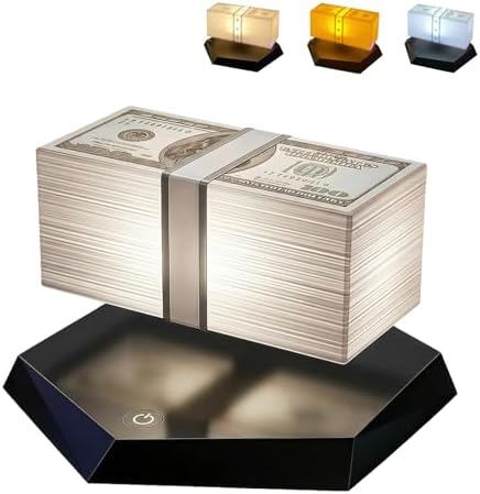 Magnetic Levitation Dollar Lamp, Floating Money Lamp with LED Ambient Light, 360° Rotating Desk Decor for Game Room, Office and Bedroom, Cool Levitating Gift for Men and Gamers (3 Color Light)