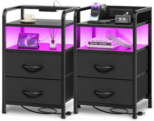 Huuger Nightstands Set of 2, Night Stand with LED Lights, Charging Station