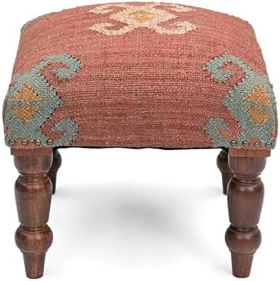 Handmade Jute Ottoman Stool with Wooden Legs | Square Upholstered Foot Rest & Accent Seating | Woven Vanity Stool for Living Room, Bedroom, Hall, Entryway & Home Décor (Red)
