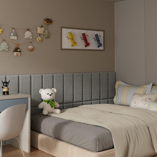 Upholstered Wall Mounted Headboard for Twin in Light Grey, Peel and Stick Wall Padding Panel Terry Cloth, 4 Panels Sized 9.84" x 23.62"