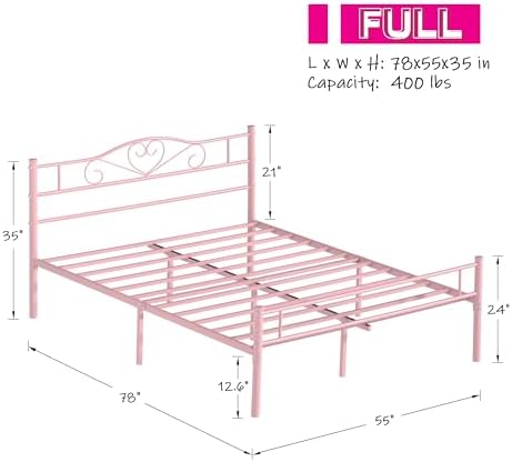 VECELO 14 Inch Full Size Metal Platform Bed Frame with Headboard and Footboard, Heavy Duty Mattress Foundation with Steel Slats Support, No Box Spring Needed, Pink
