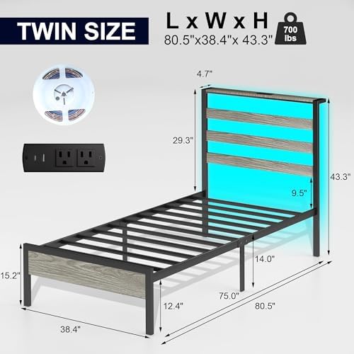 J.Fkne Twin Bed Frame with LED Lights & Charging Station, Metal Platform Bed with Headboard, Heavy Duty Metal Slats, No Box Spring Needed, Noise Free, Easy Assembly