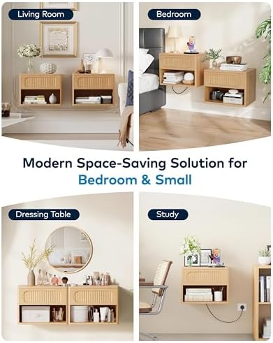 Wooden Fluted Floating Nightstand Set of 2, Wall Mounted w/Drawer & Shelf, Waterproof & Scratch-Resistant, Metal Glide, Compact for Small Spaces (15.8”W x 12.6”D x 11.9”H, Natural Wood)