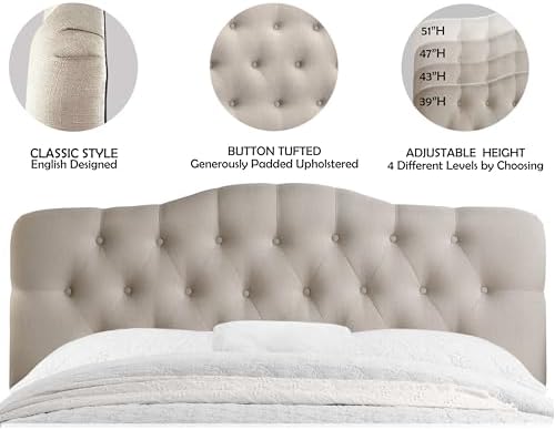 Rosevera Mallory Mid-Century Modern Upholstered Fabric Headboard,Diamond Tufted,Adjustable Height, Solid Wood Leg, Linen Fabric Padded Headboard,King,Textile Beige