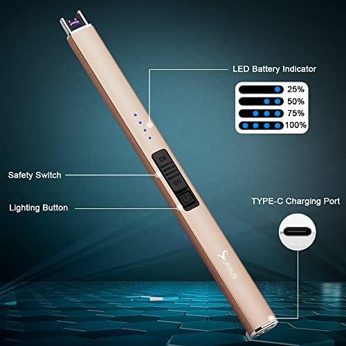 SUPRUS Electric Lighter Arc Windproof Flameless USB Rechargeable Lighter with Safety Lock for Candle BBQ Camping (Champagne Gold)