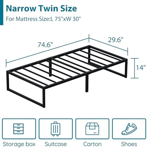 EMODA 14 Inch Narrow Twin Bed Frame 30x75, Heavy Duty Metal Platform