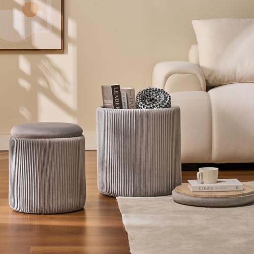 BLEXA Set of 2 Round Storage Ottoman Light Grey Velvet Ottoman with Storage
