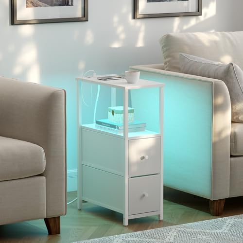TUTOTAK Narrow LED End Table, Skinny Side Table with Charging Station