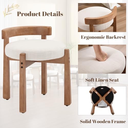 Ya-Home Modern Vanity Chair Upholstered Small Ottoman Footstool, Make Up Stool Linen Fabric with Backrest Wooden Frame for Living Room Bedrooms, 1PC, Beige
