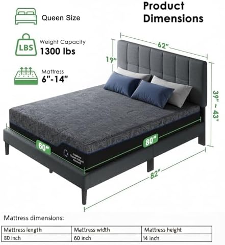 Marsail Queen Bed Frame with Headboard & Queen Mattress 14 inch Set, Gray