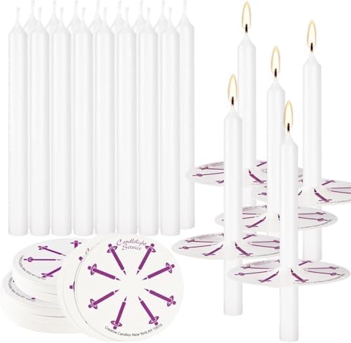 100 pcs Church Candles with Drip Protectors for Devotional Candlelight Vigil Service, Unscented White 5" H X 1/2" D, No Smoke, Shabbat, Praye